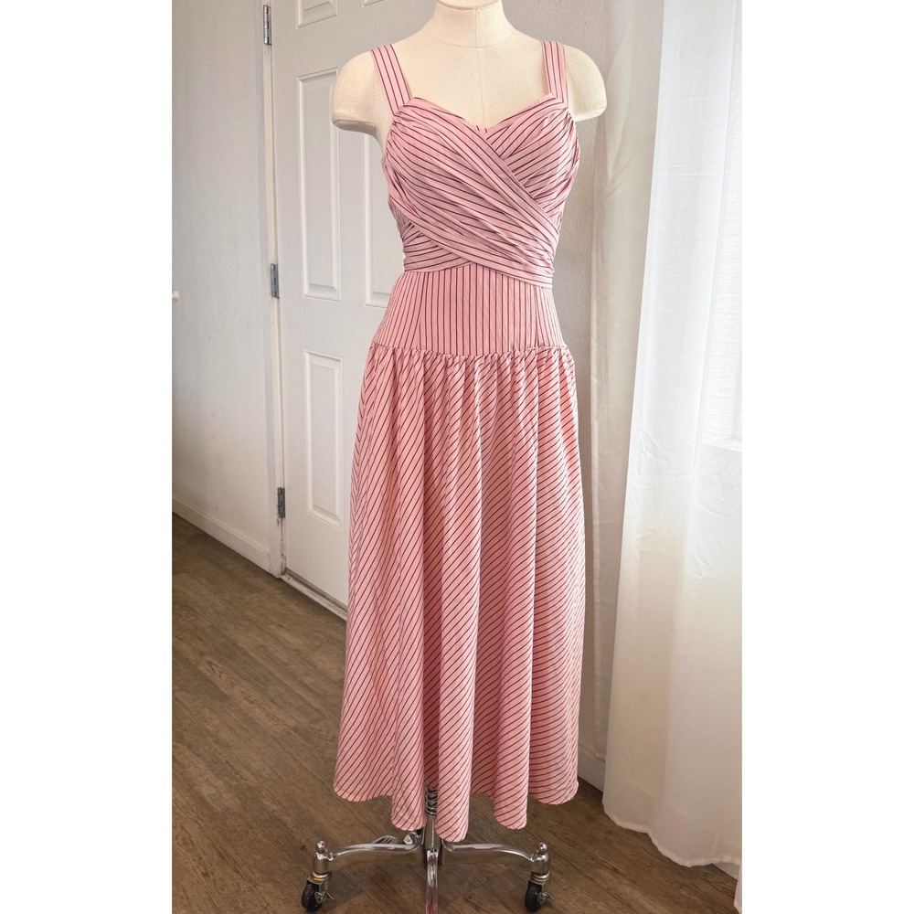 Mango MNG Pink Striped Midi Dress Sleeveless Bow Back Size S femme coquette